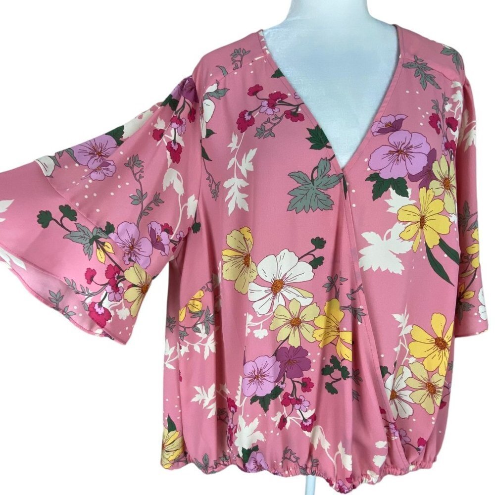 Sanctuary Barbie Pink Floral Faux Wrap Bell Sleeve Ruffle Top Women's Sz 2X